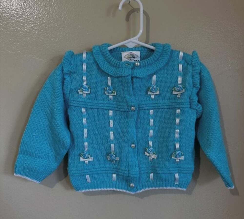 Vintage Rainbow Connection Baby Cardigan Sweater Blue Floral Ribbon Size 18 Mont